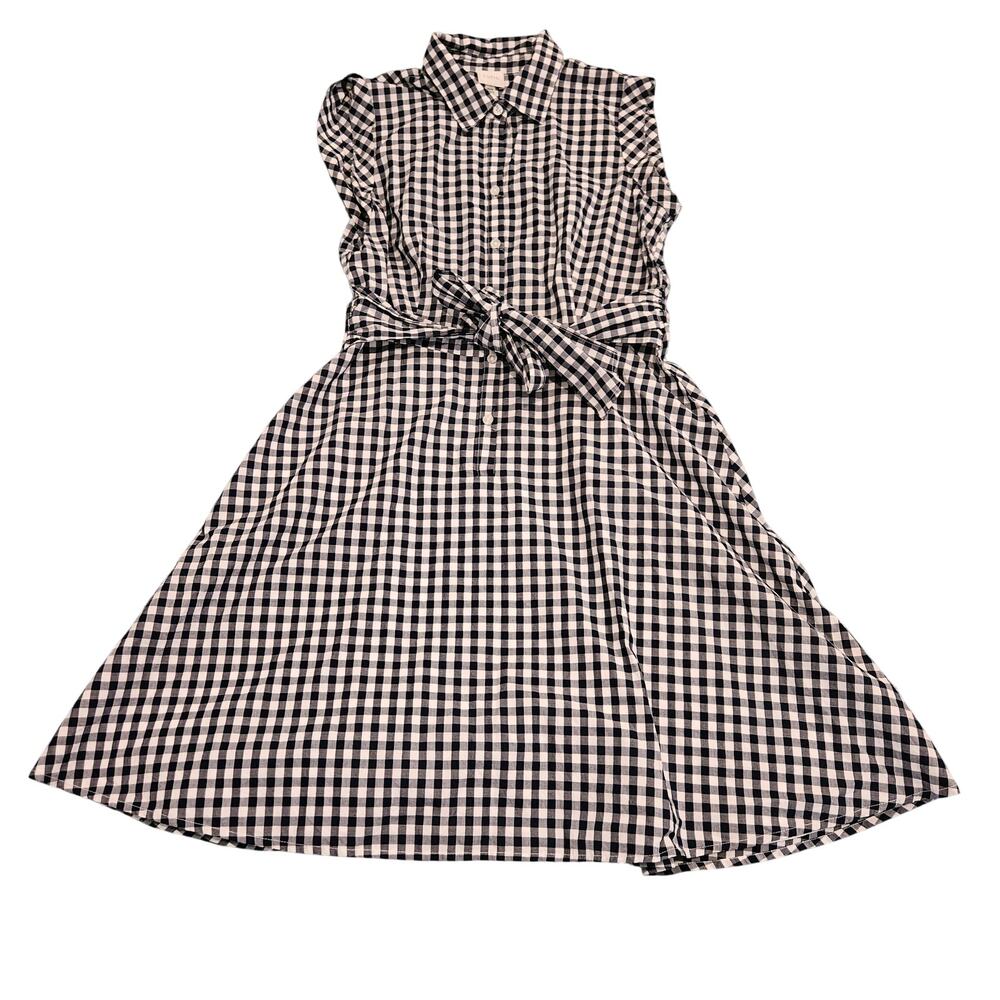Cupio Navy & White Gingham Shirt Dress Women's Medium Button Front Tie Waist